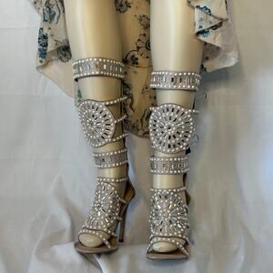 Embellished Pearl Rhinestone Knee High Gladiator Stiletto Heels 6.5